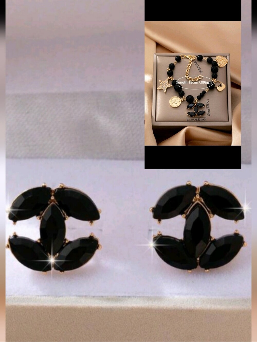 Fashion nspired Black Crystal Stud Earrings and Charm Bracelet Set - Picture 8 of 12